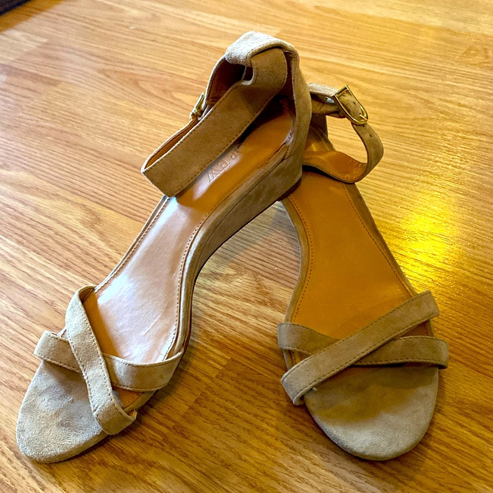J crew tan suede ankle sandals